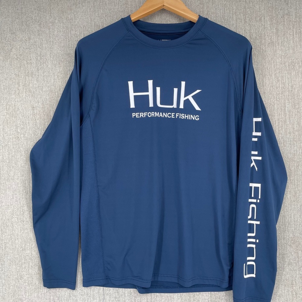 Huk Pursuit Long Sleeve Performance Fishing Shirt Mens Medium Blue Graphic Logo